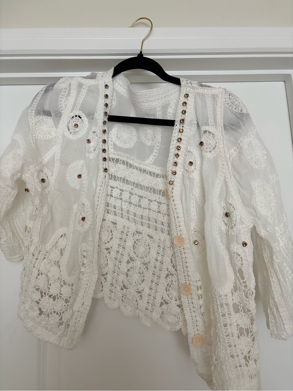 White Crocheted Button-Down Sheer Top with gold Rhinestones